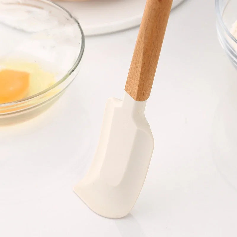 Espátula de Creme de Silicone Branco Antiaderente e Misturador de Bolo de Cozinha com Cabo de Madeira para Massa de Chocolate e Manteiga