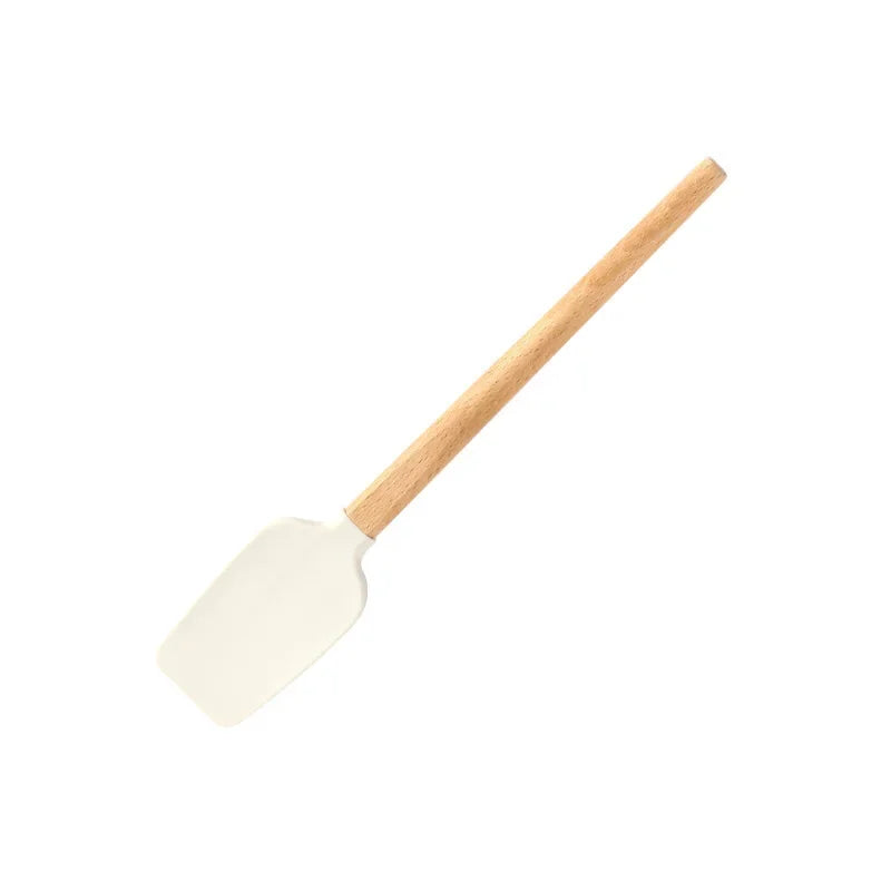 Espátula de Creme de Silicone Branco Antiaderente e Misturador de Bolo de Cozinha com Cabo de Madeira para Massa de Chocolate e Manteiga