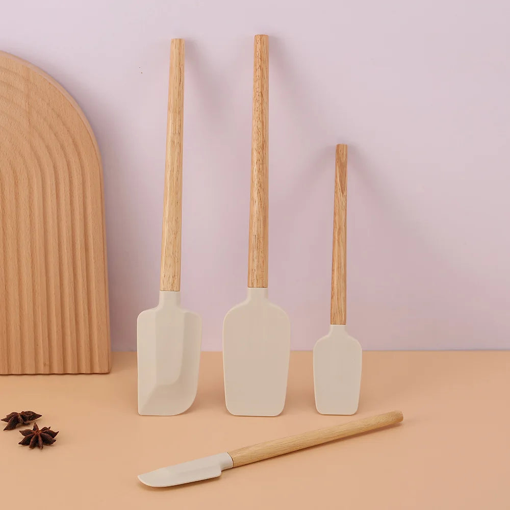 Espátula de Creme de Silicone Branco Antiaderente e Misturador de Bolo de Cozinha com Cabo de Madeira para Massa de Chocolate e Manteiga