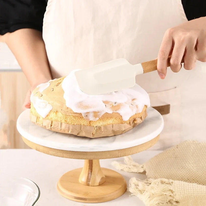 Espátula de Creme de Silicone Branco Antiaderente e Misturador de Bolo de Cozinha com Cabo de Madeira para Massa de Chocolate e Manteiga