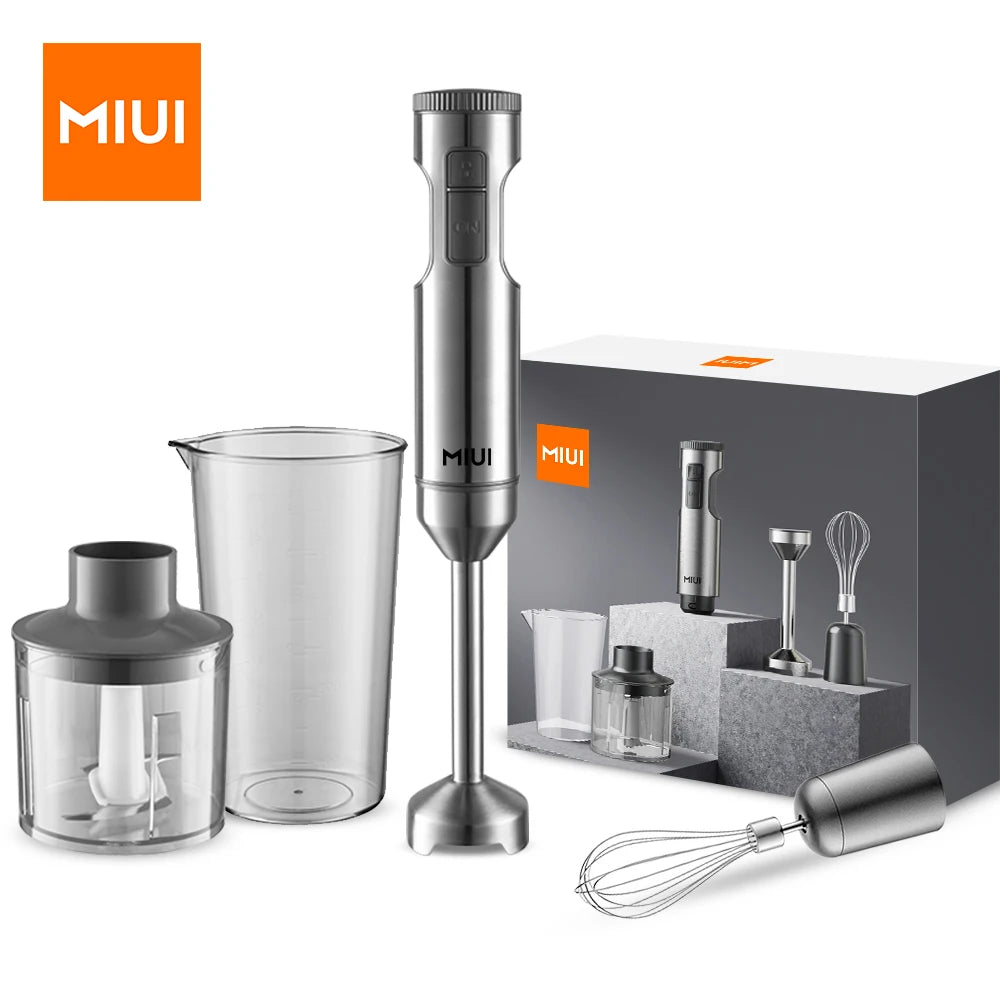 Liquidificador de imersão manual MIUI 1000W poderoso 4 em 1, misturador de alimentos em bastão de aço inoxidável, copo de mistura de 700ml, processador de 500ml, batedor