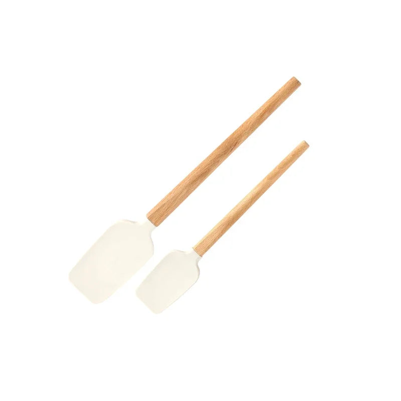 Espátula de Creme de Silicone Branco Antiaderente e Misturador de Bolo de Cozinha com Cabo de Madeira para Massa de Chocolate e Manteiga