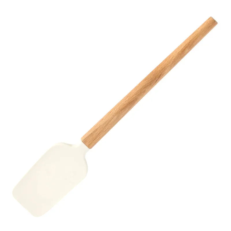 Espátula de Creme de Silicone Branco Antiaderente e Misturador de Bolo de Cozinha com Cabo de Madeira para Massa de Chocolate e Manteiga