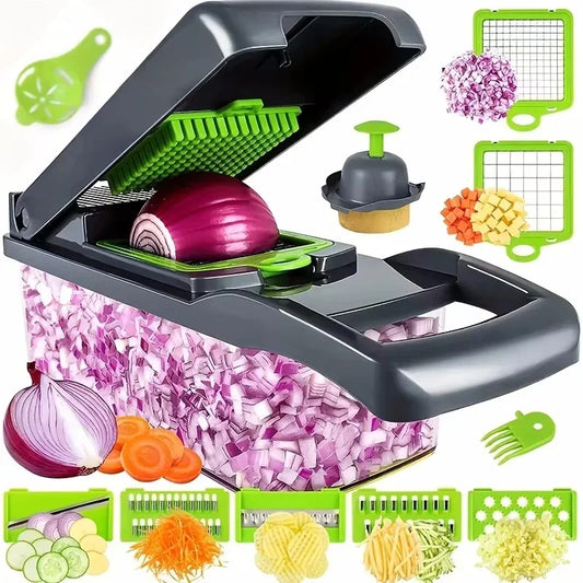 Cortador de legumes/fruta multifuncional 14/16 em 1 com cesto