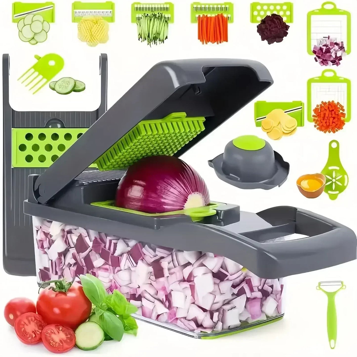 Cortador de legumes/fruta multifuncional 14/16 em 1 com cesto
