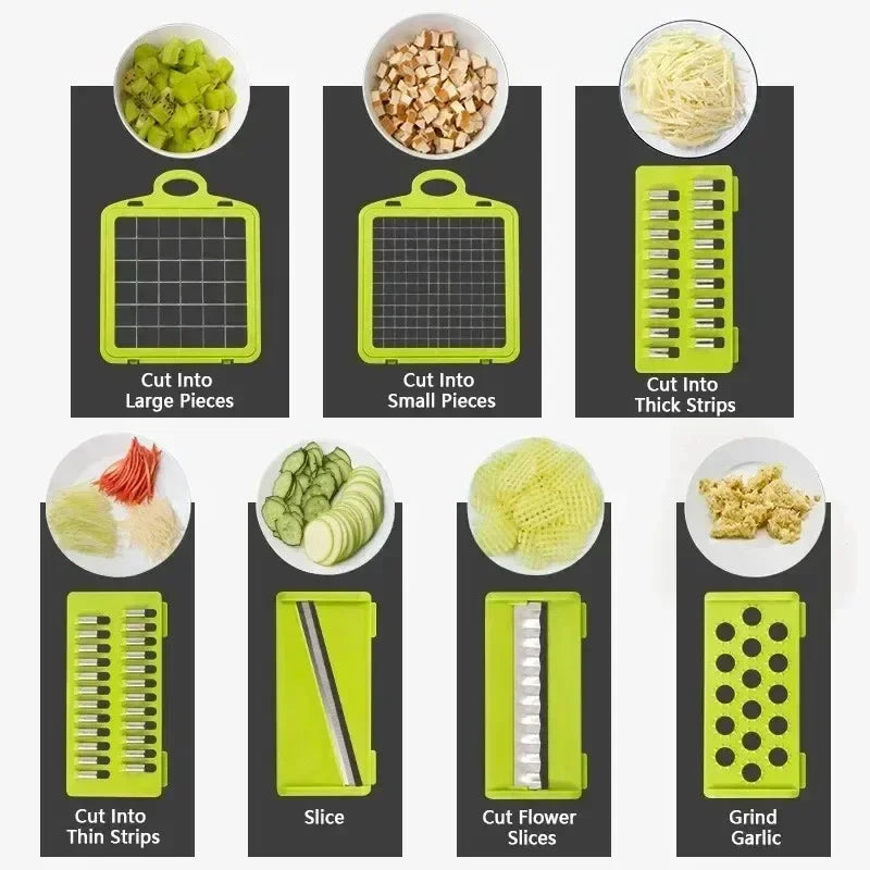 Cortador de legumes/fruta multifuncional 14/16 em 1 com cesto