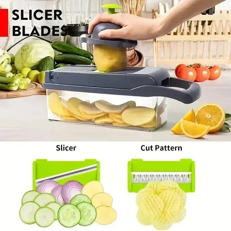 Cortador de legumes/fruta multifuncional 14/16 em 1 com cesto