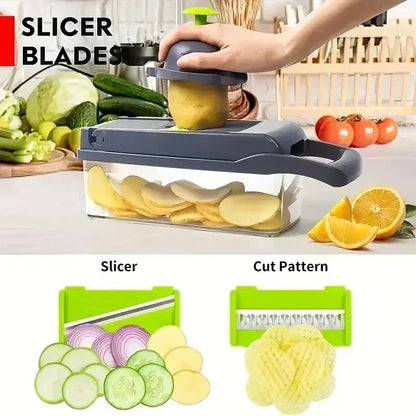 Cortador de legumes/fruta multifuncional 14/16 em 1 com cesto