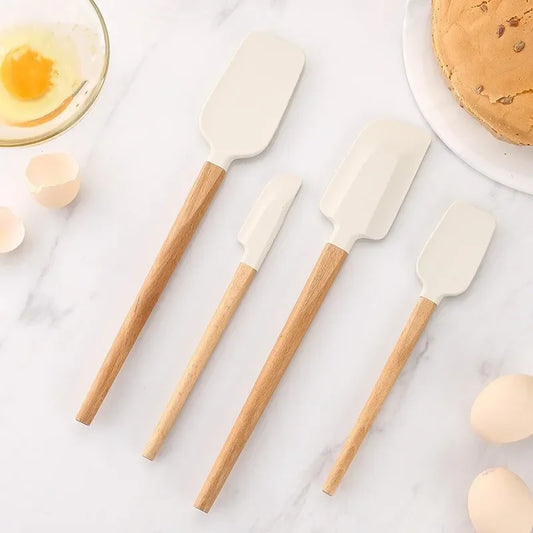 Espátula de Creme de Silicone Branco Antiaderente e Misturador de Bolo de Cozinha com Cabo de Madeira para Massa de Chocolate e Manteiga