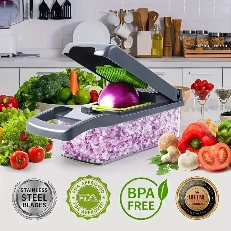Cortador de legumes/fruta multifuncional 14/16 em 1 com cesto
