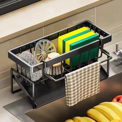 Suporte de esponja, sabão e toalhas para lava louça da cozinha em aço